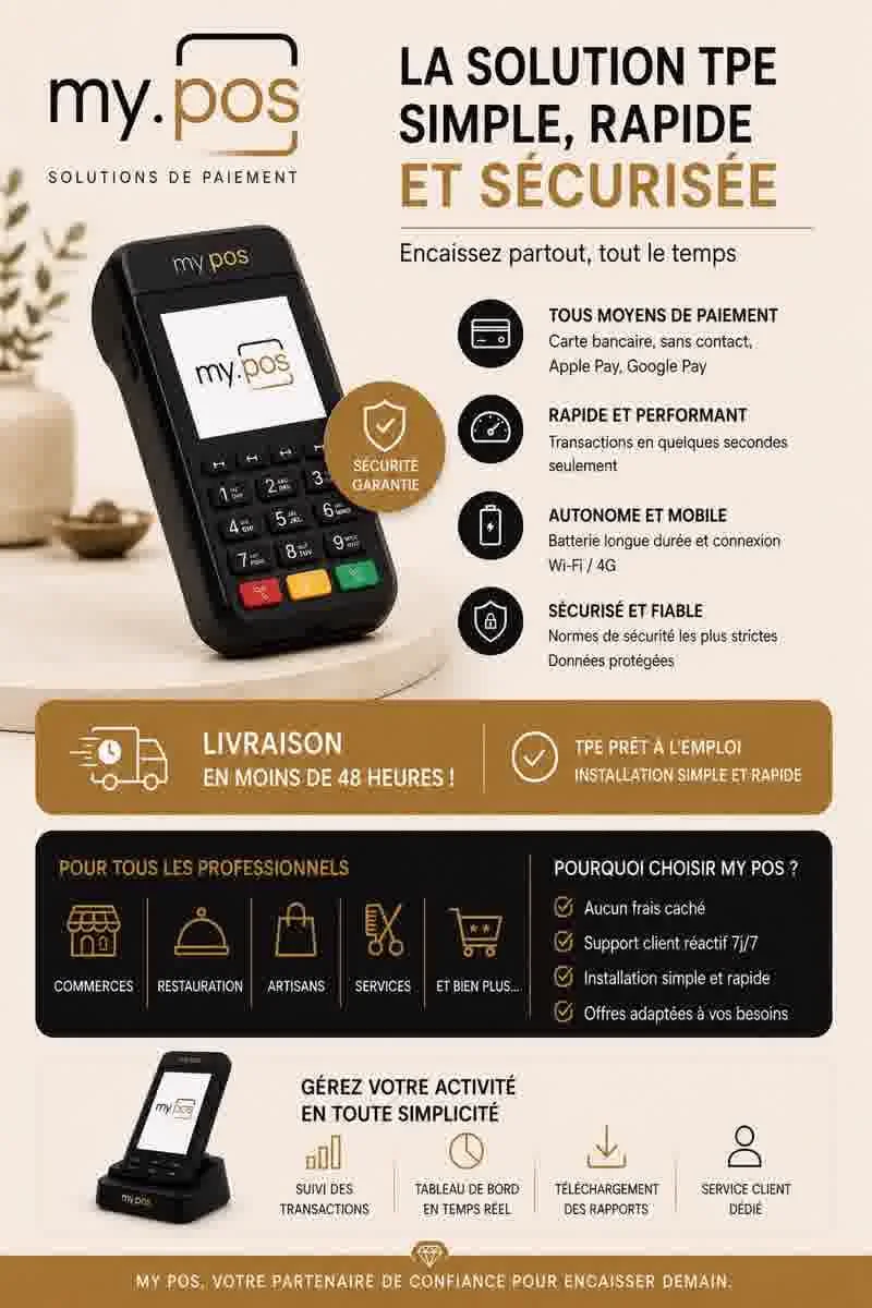 Présentation de la solution myPOS : terminal de paiement, moyens de paiement, livraison rapide et tableau de bord